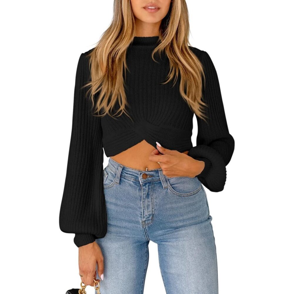 Crooped Sweater Womens Knit Mock Neck Fall Winter Casual Top